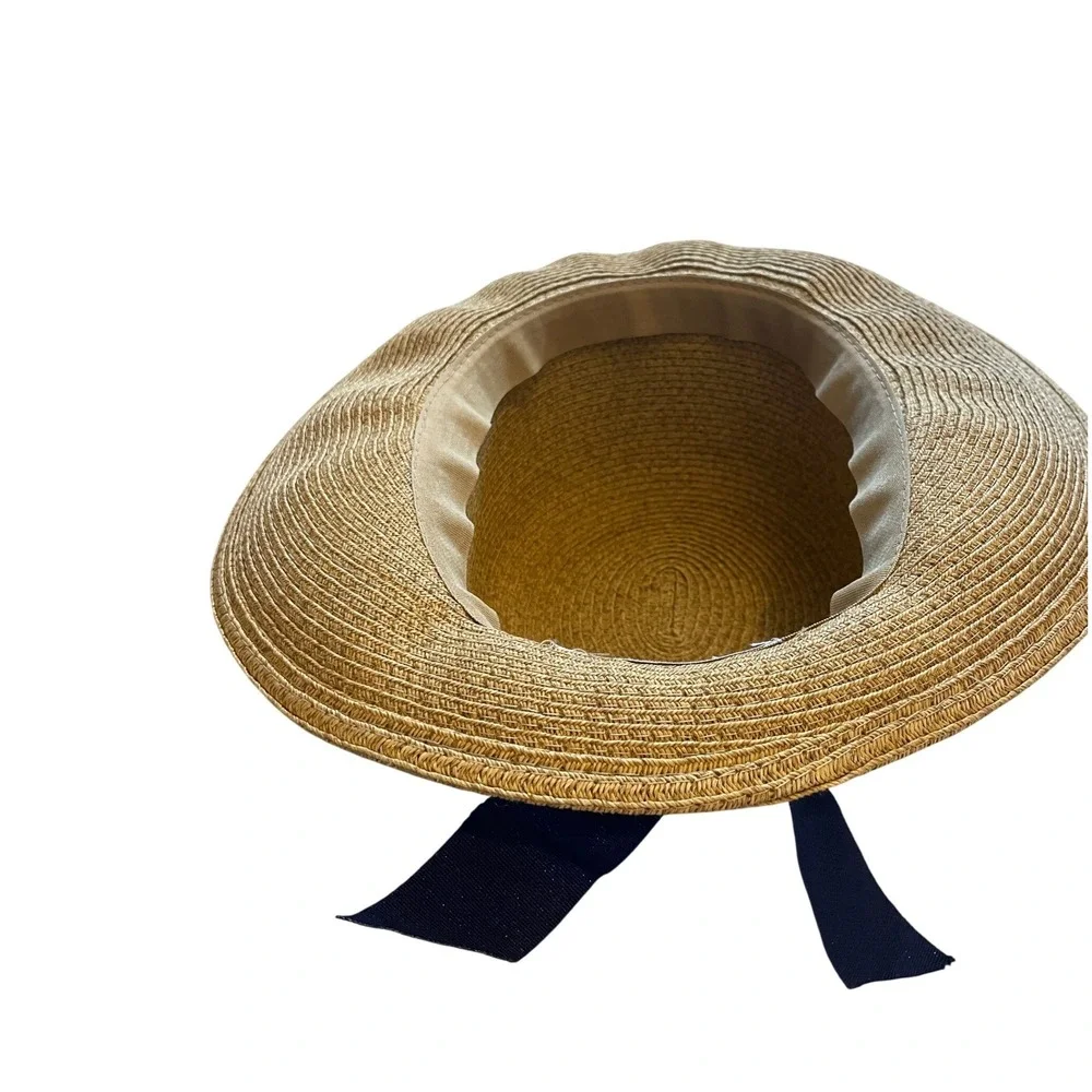 Cappelli Straworld Tan Straw Wide Brim Sun Hat Navy Blue Ribbon Bow One Size